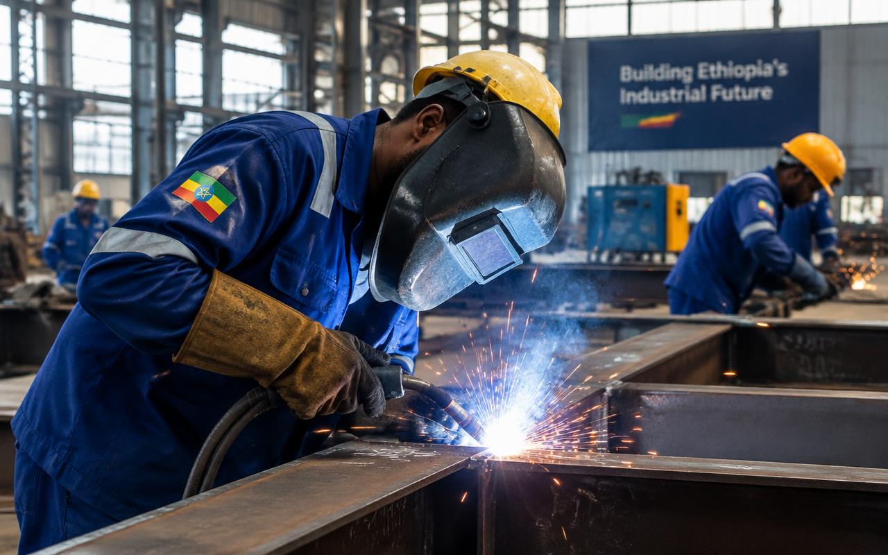 Welder working on steel beams in an industrial fabrication workshop