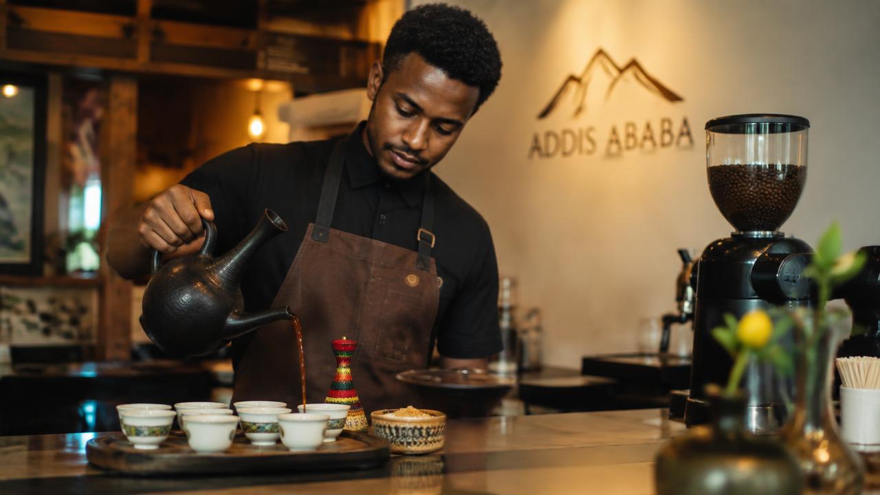 Ethiopian coffee being prepared in a modern cafe