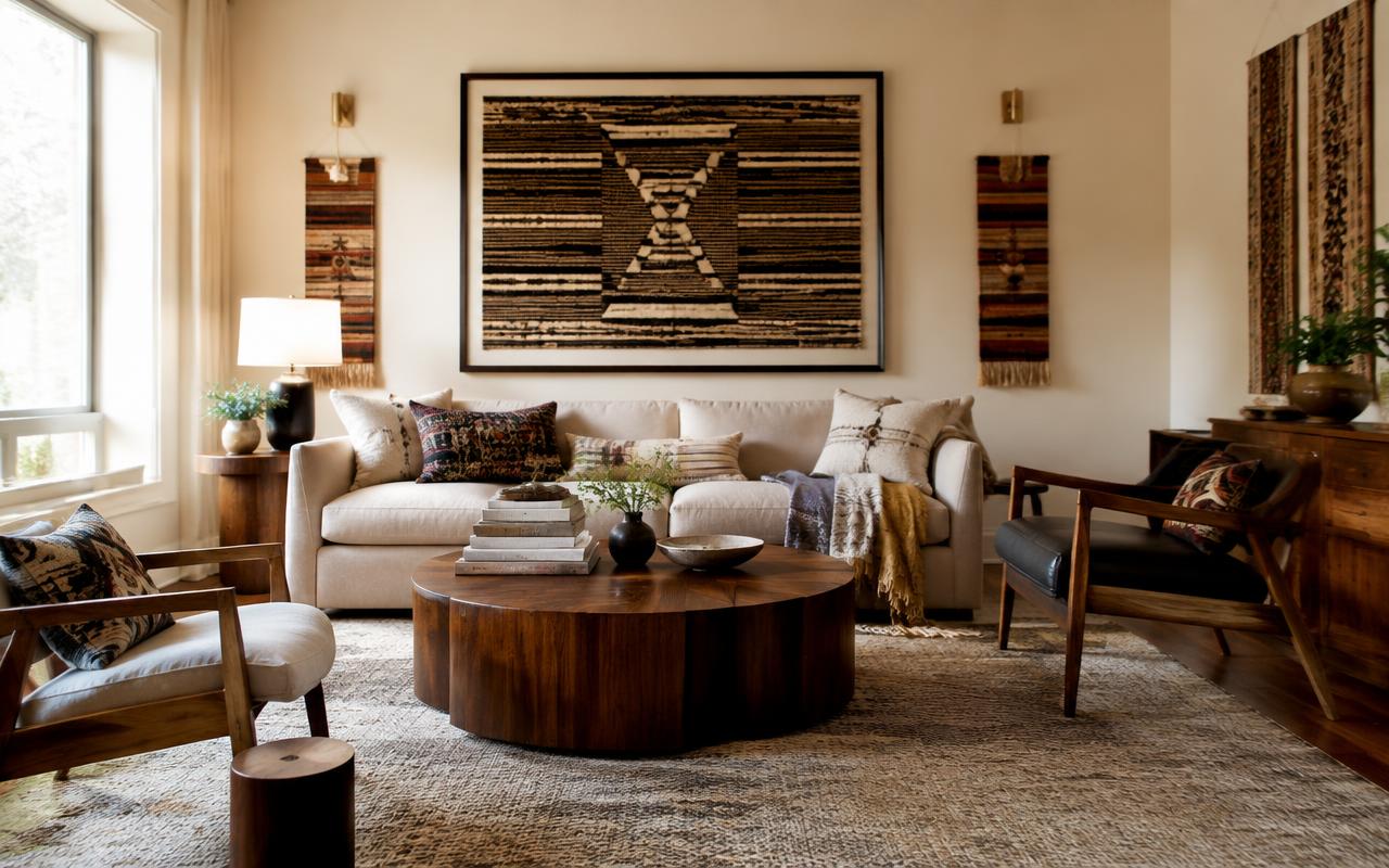 Warm modern living room with walnut furniture and woven textiles