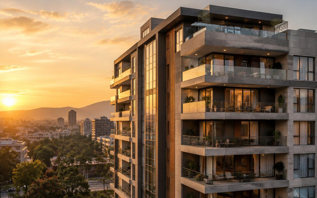 Luxury residential tower with glass balconies at golden hour